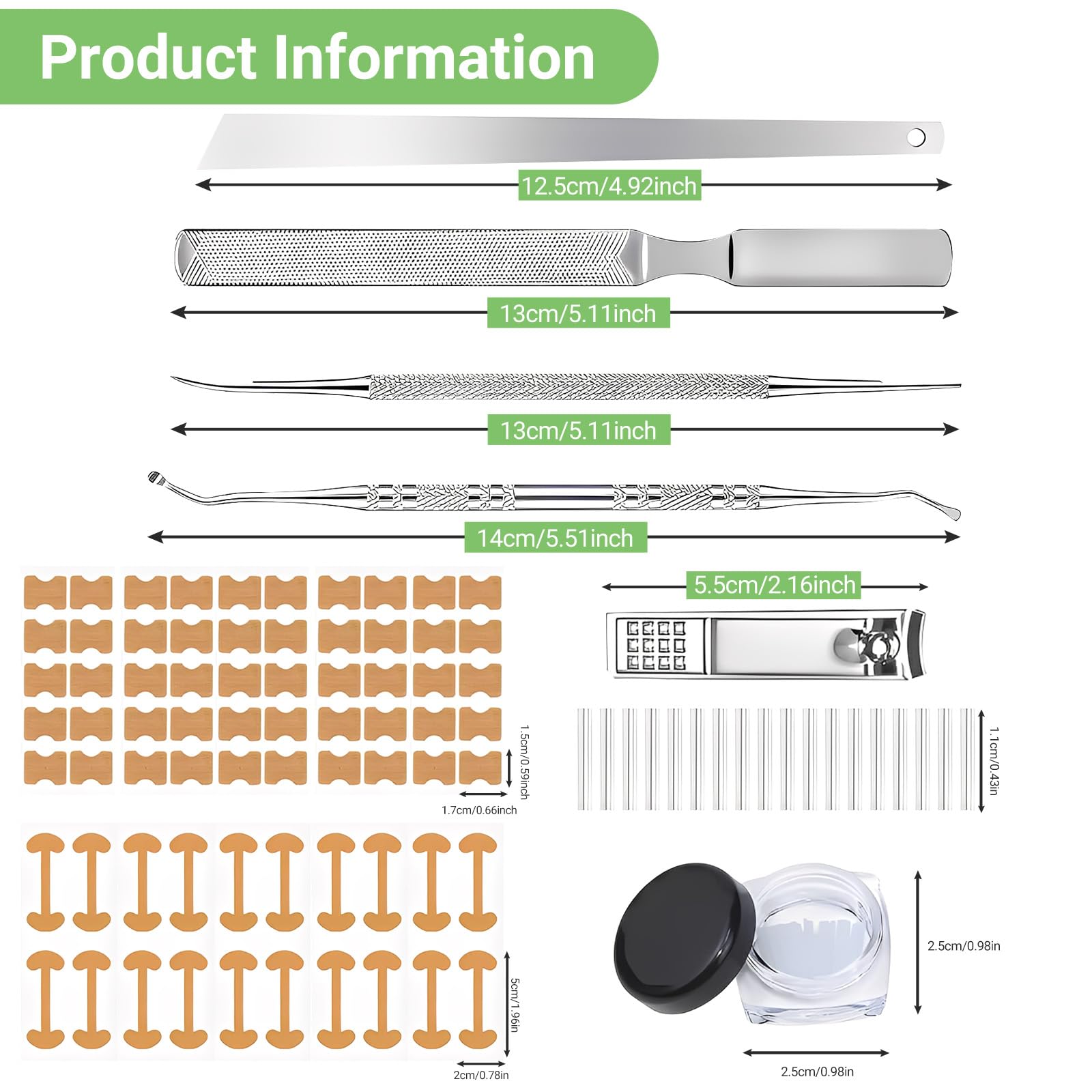 Stainless steel toenail lifter and file tools from the professional pedicure kit arranged cleanly on a neutral background
