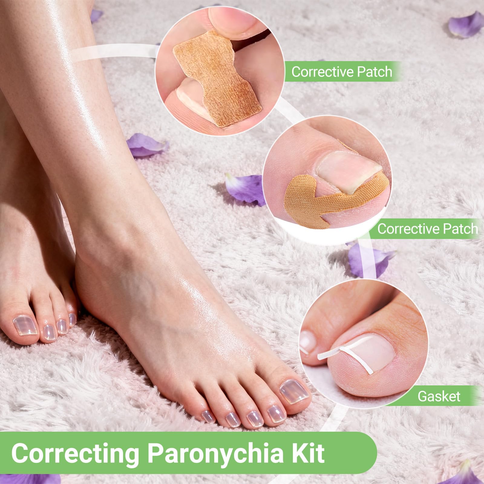 Close-up of the breathable waterproof ingrown toenail correction strips and elastic patches included in the set