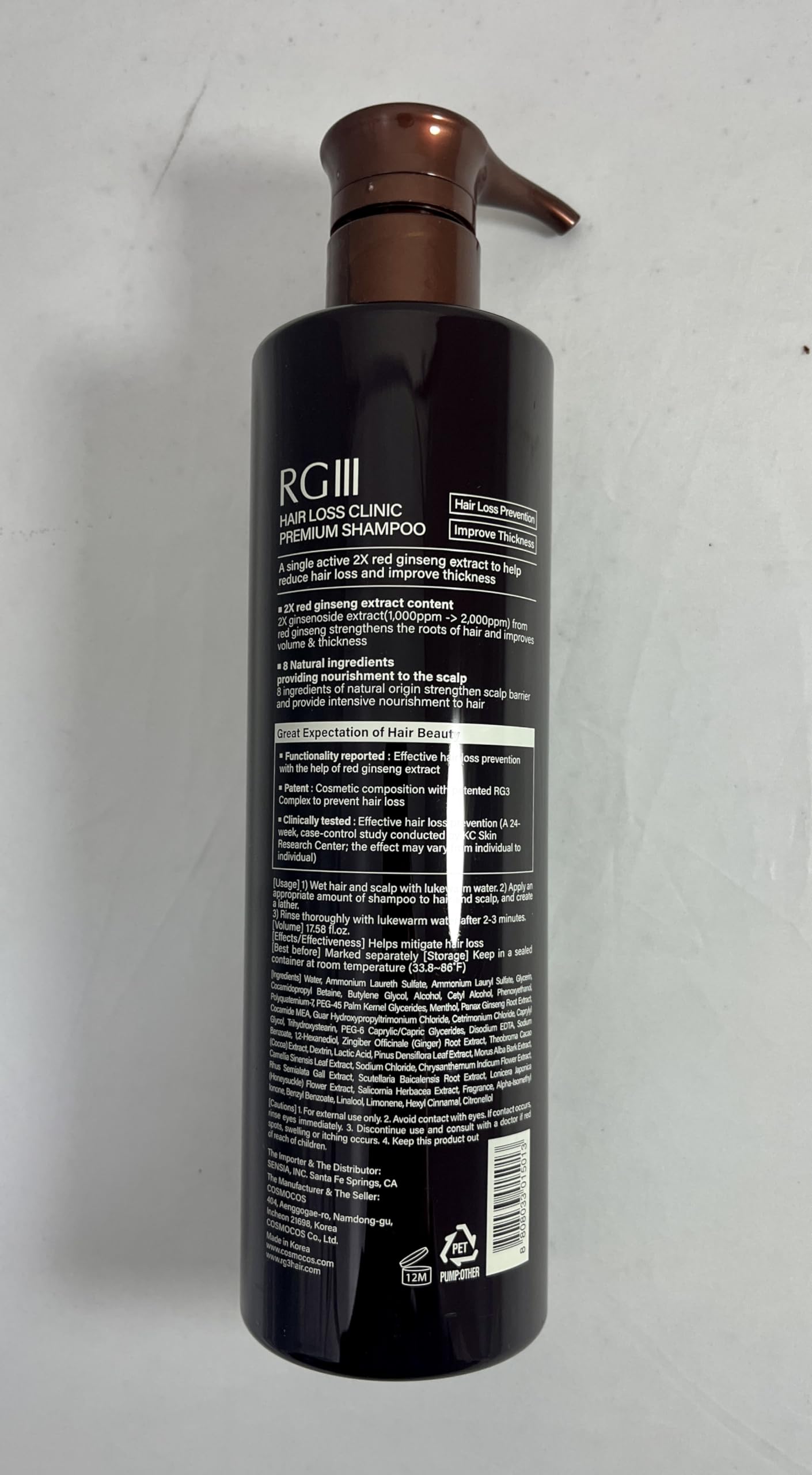 Cosmocos RG3 premium shampoo bottle showcasing the seventeen point fifty eight fluid ounce sizing.