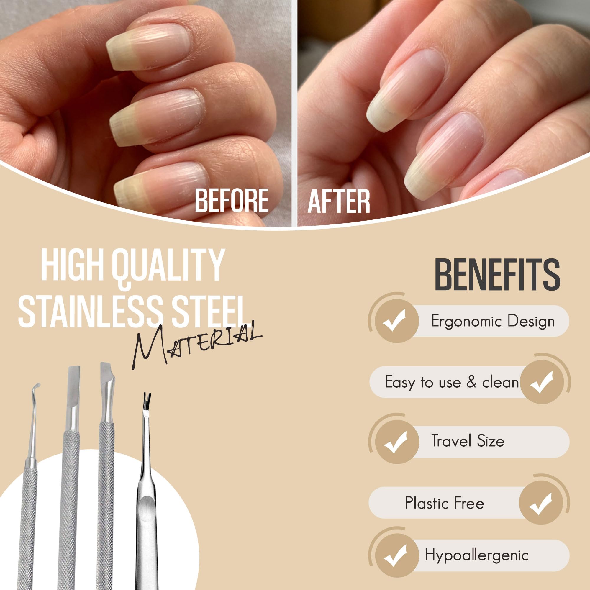Close up of Krisp Beauty spoon shaped cuticle pusher and nail cleaner