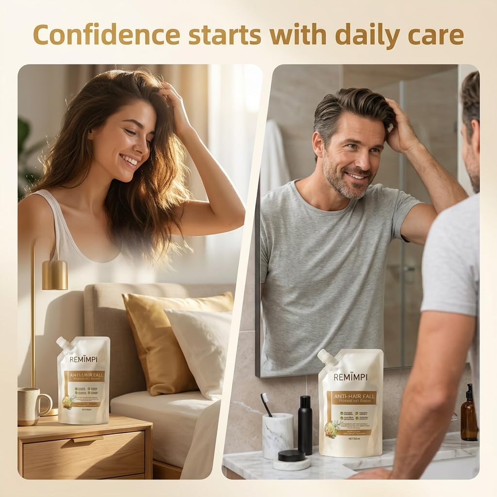 REMIMPI hair care cleanser bottles displayed as a comprehensive anti hair loss set.