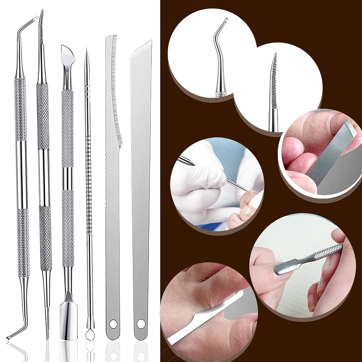 Detailed view of the 7 piece nail care and correction tools