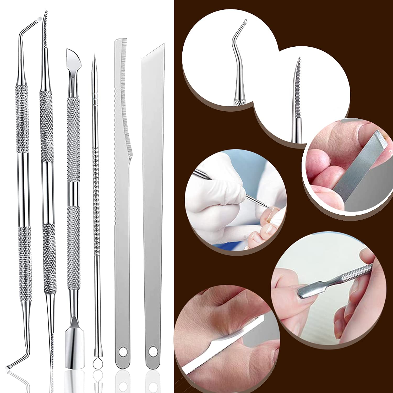 Detailed view of the 7 piece nail care and correction tools