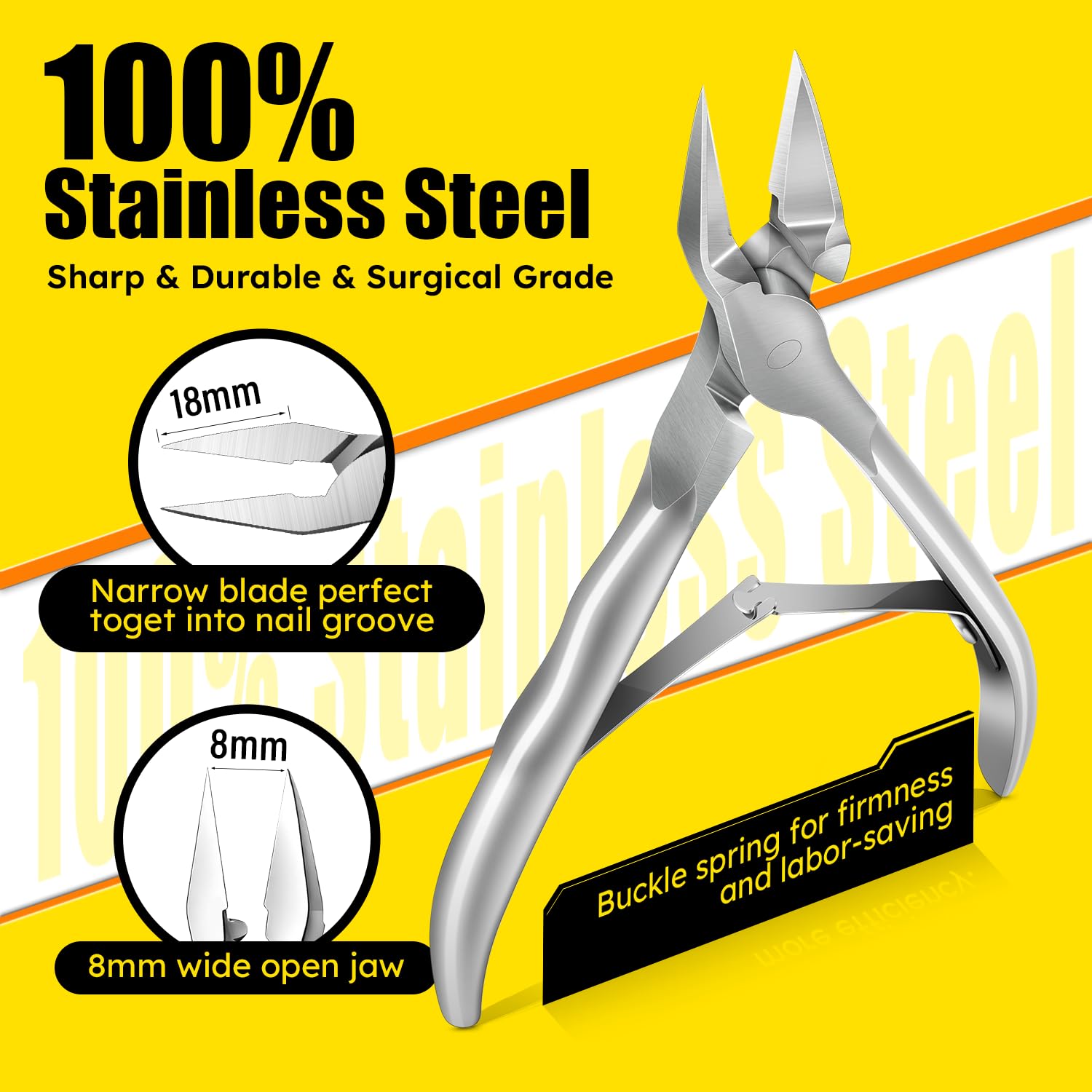 Heavy duty stainless steel nail nipper being used safely to trim thick toenails straight across