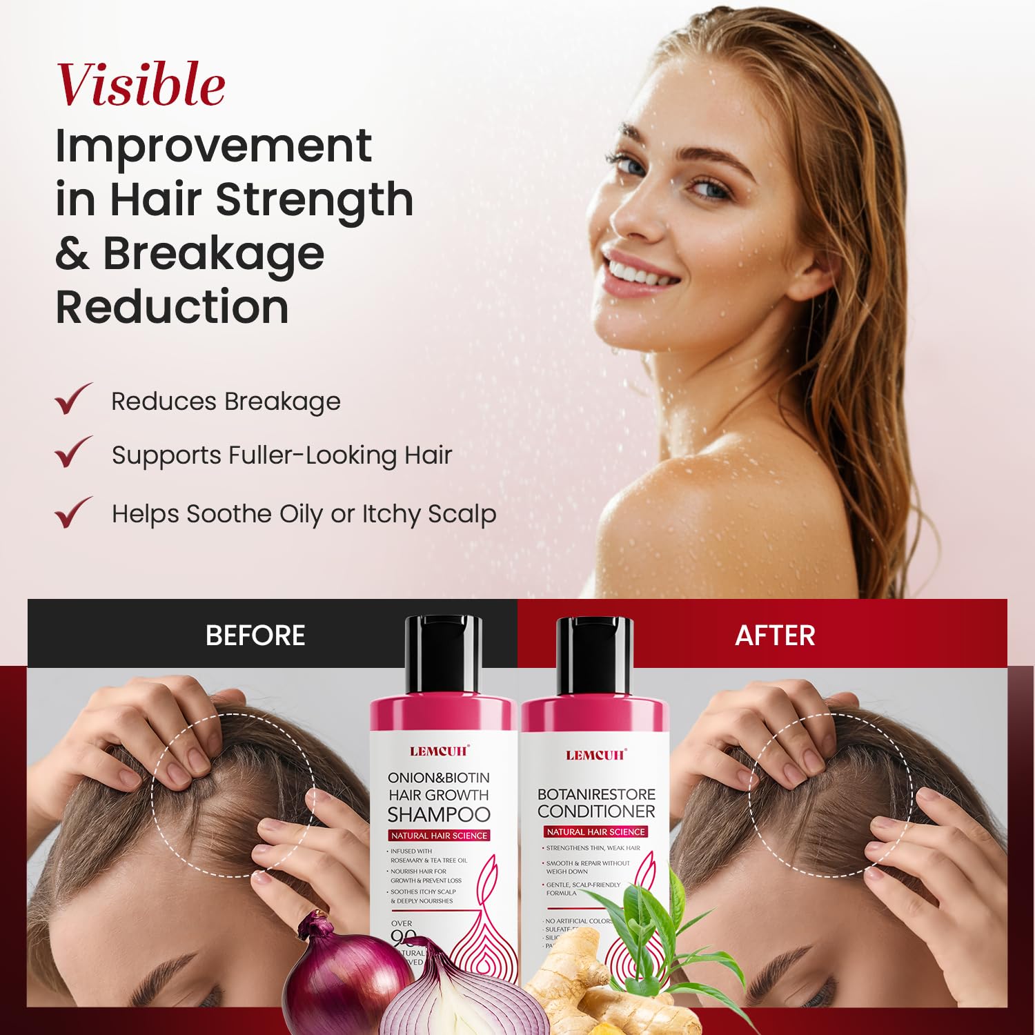 Sulfate free onion hydrosol shampoo and volumizing conditioner bottles