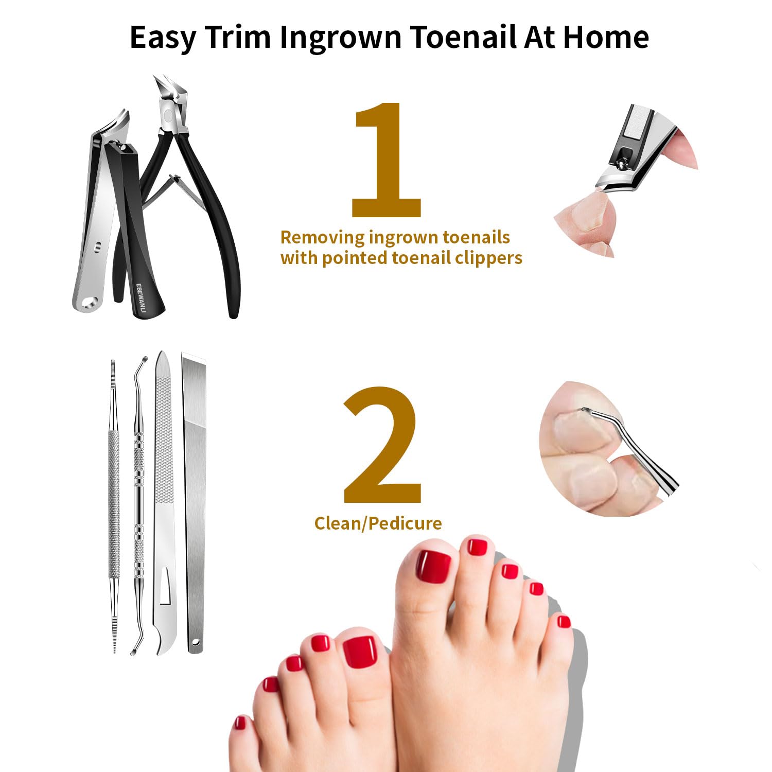 Close up of EBEWANLI stainless steel nail clippers for ingrown nails