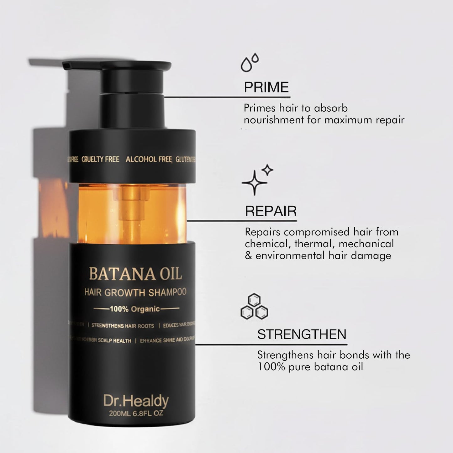 Dr. Healdy hair growth shampoo bottle showing the convenient pump dispenser and 200ml size text