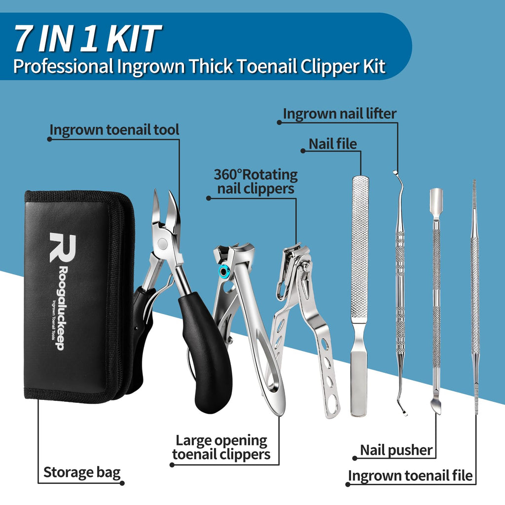 Close-up view of the Roogaluckeep 360-degree rotating nail clipper demonstrating the adjustable blade head angle for ergonomic trimming.