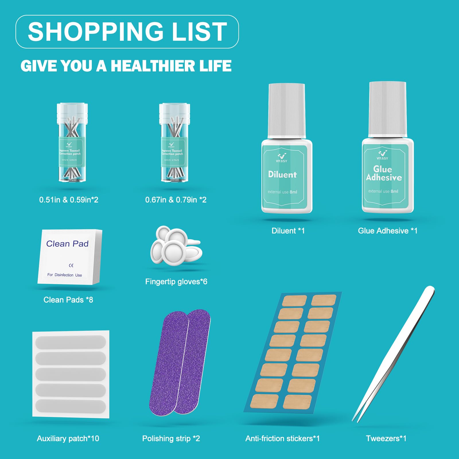 Complete contents of the premium USA imported home pedicure kit for curved toenail removal