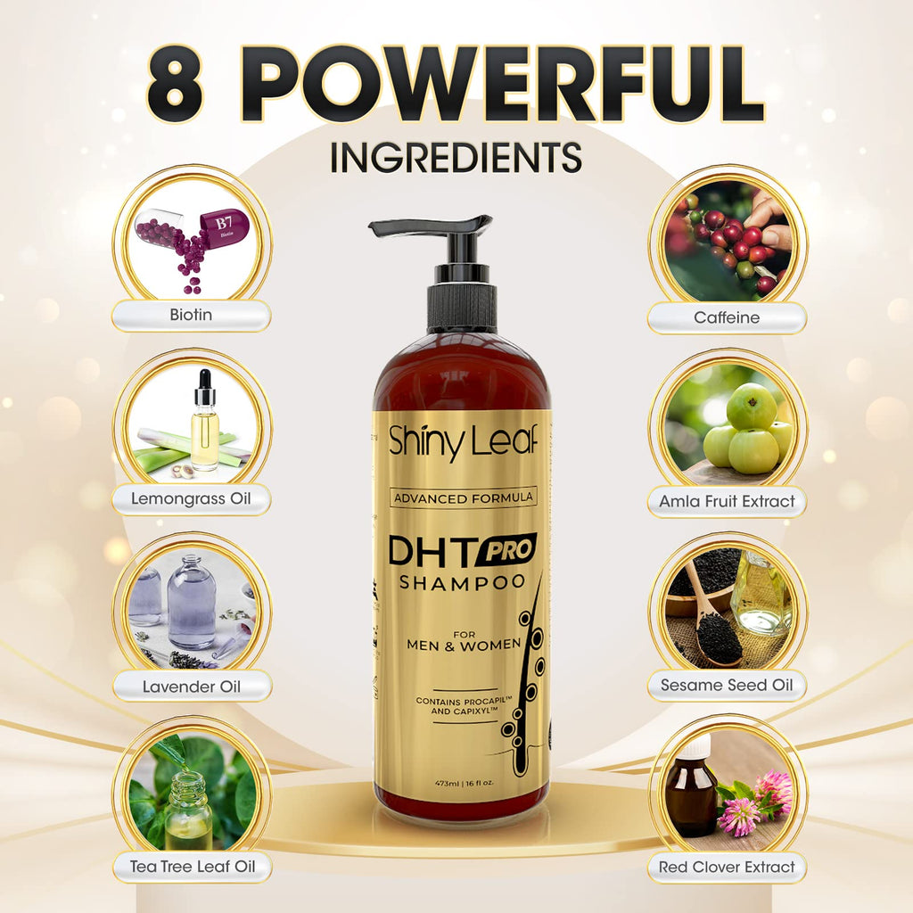 Shiny Leaf DHT Pro Shampoo rear packaging showing usage instructions and ingredients