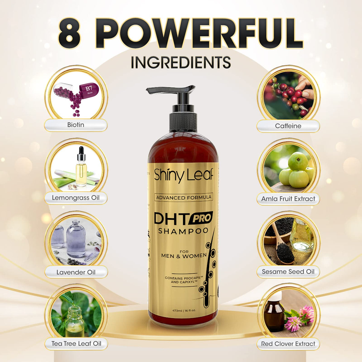 Shiny Leaf DHT Pro Shampoo rear packaging showing usage instructions and ingredients