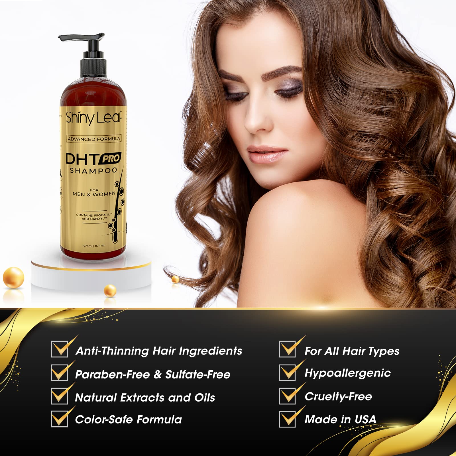 Close up shot of the 16 Fluid Ounce pump packaging for Shiny Leaf anti thinning shampoo