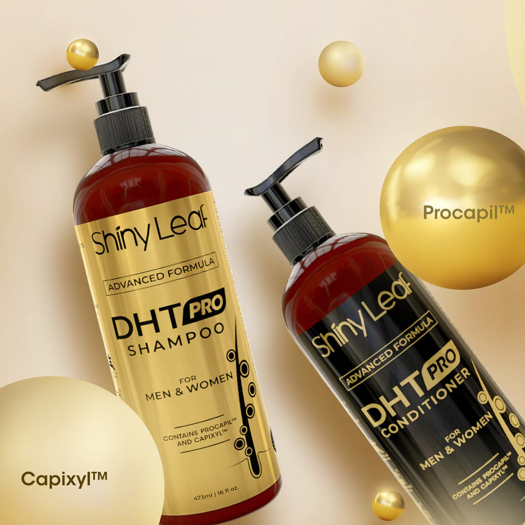 Shiny Leaf DHT Pro Shampoo branding and logo close up on bottle label