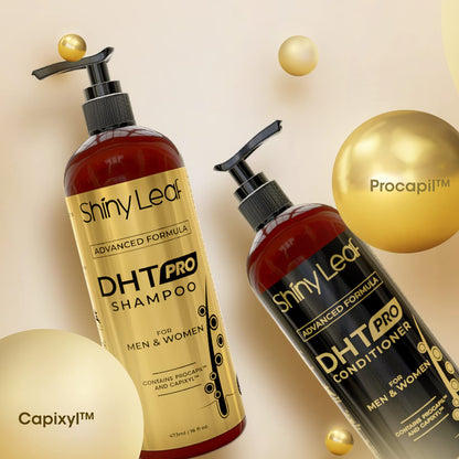 Side profile of Shiny Leaf DHT Pro Shampoo bottle showing USA origin details