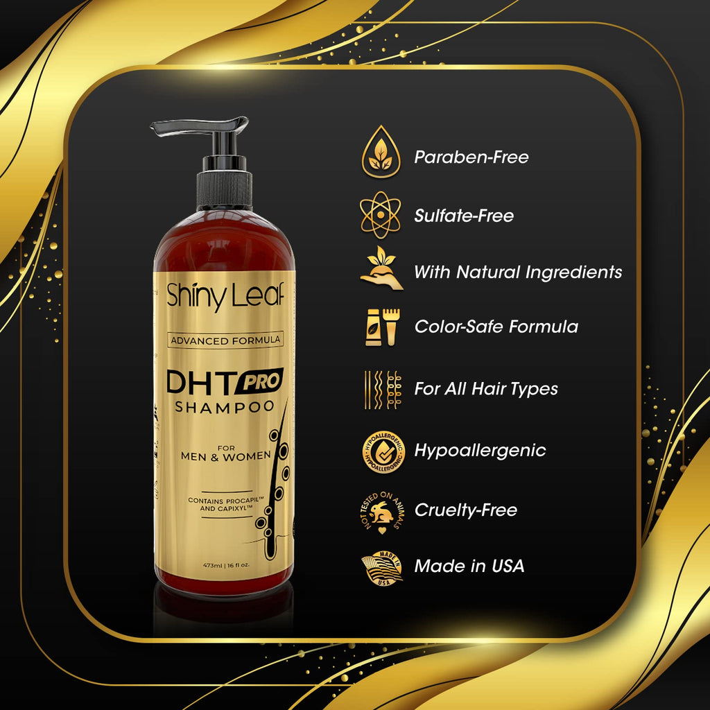 Shiny Leaf DHT Pro Shampoo lifestyle product presentation for hair thinning care