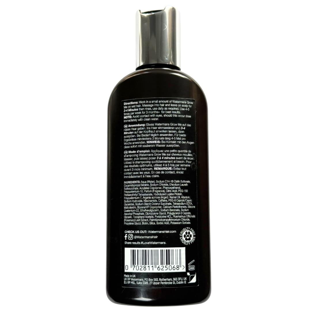 Back label of Watermans Grow Me Shampoo showing the complete list of ingredients including biotin and caffeine.