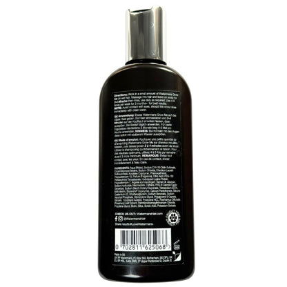 Back label of Watermans Grow Me Shampoo showing the complete list of ingredients including biotin and caffeine.