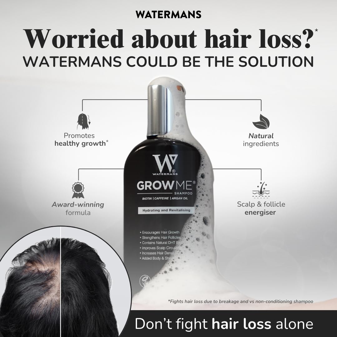 Side view of Watermans Grow Me shampoo emphasizing the daily scalp care and follicle strengthening benefits.