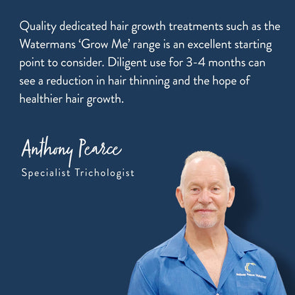 Authentic Watermans Grow Me anti hair loss shampoo bottle highlighting its UK origin and premium ingredients.