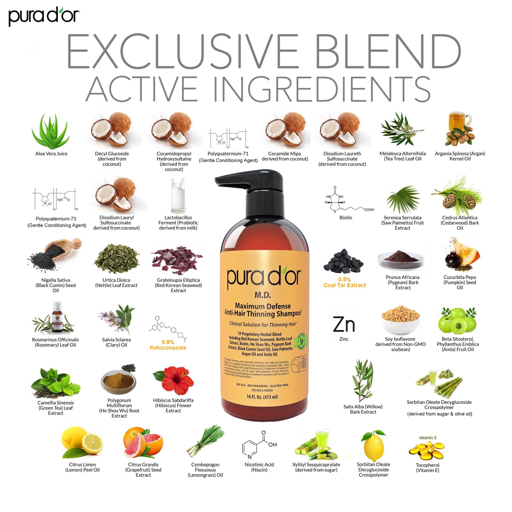 Back label of PURA D'OR Maximum Defense Shampoo with directions for use and 16 ounce size