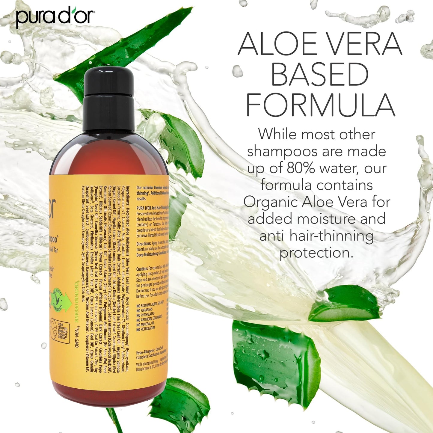 Authentic USA imported PURA D'OR shampoo packaging showcasing the sulfate free seal