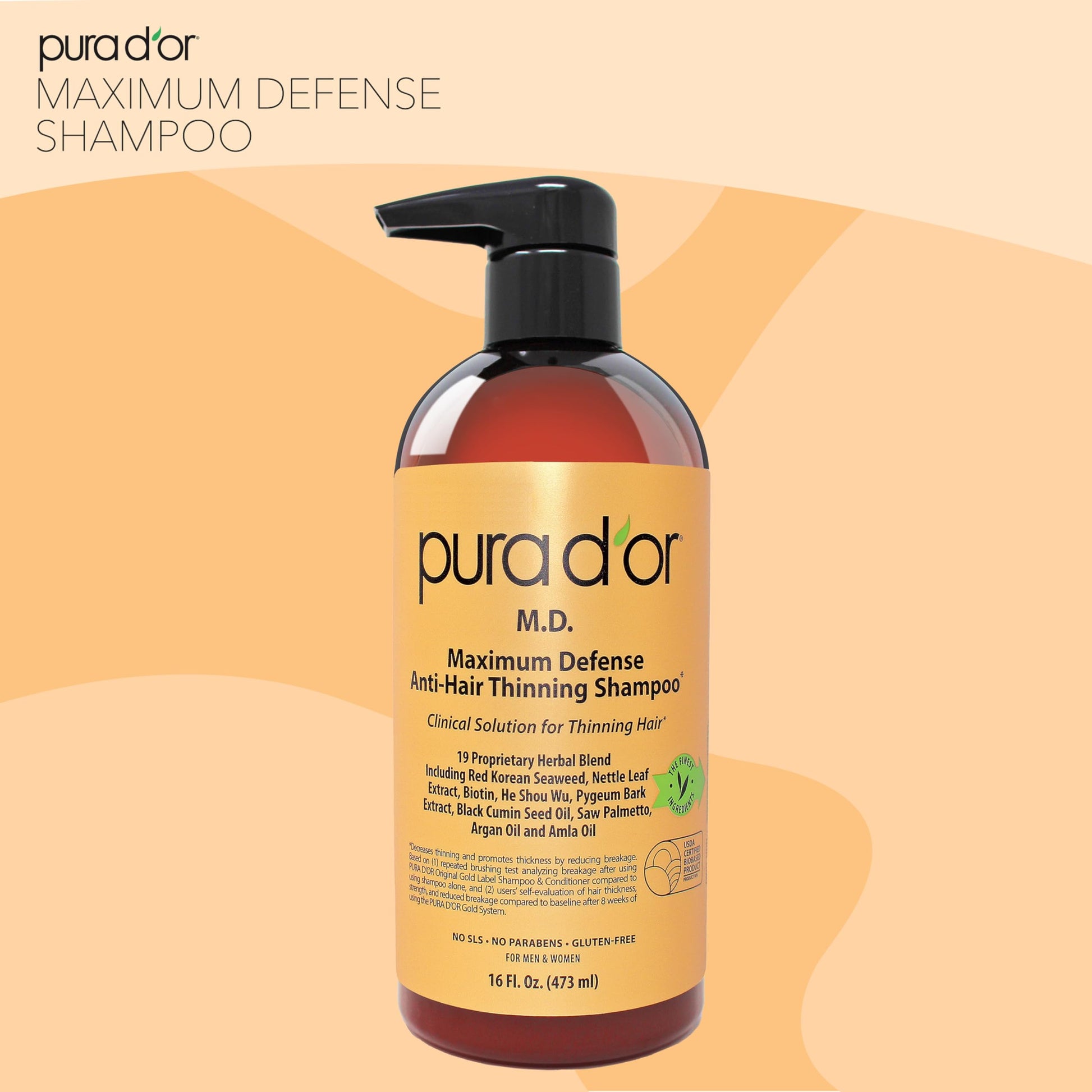 Side view of PURA D'OR 16 Ounce premium therapeutic hair thickening formula