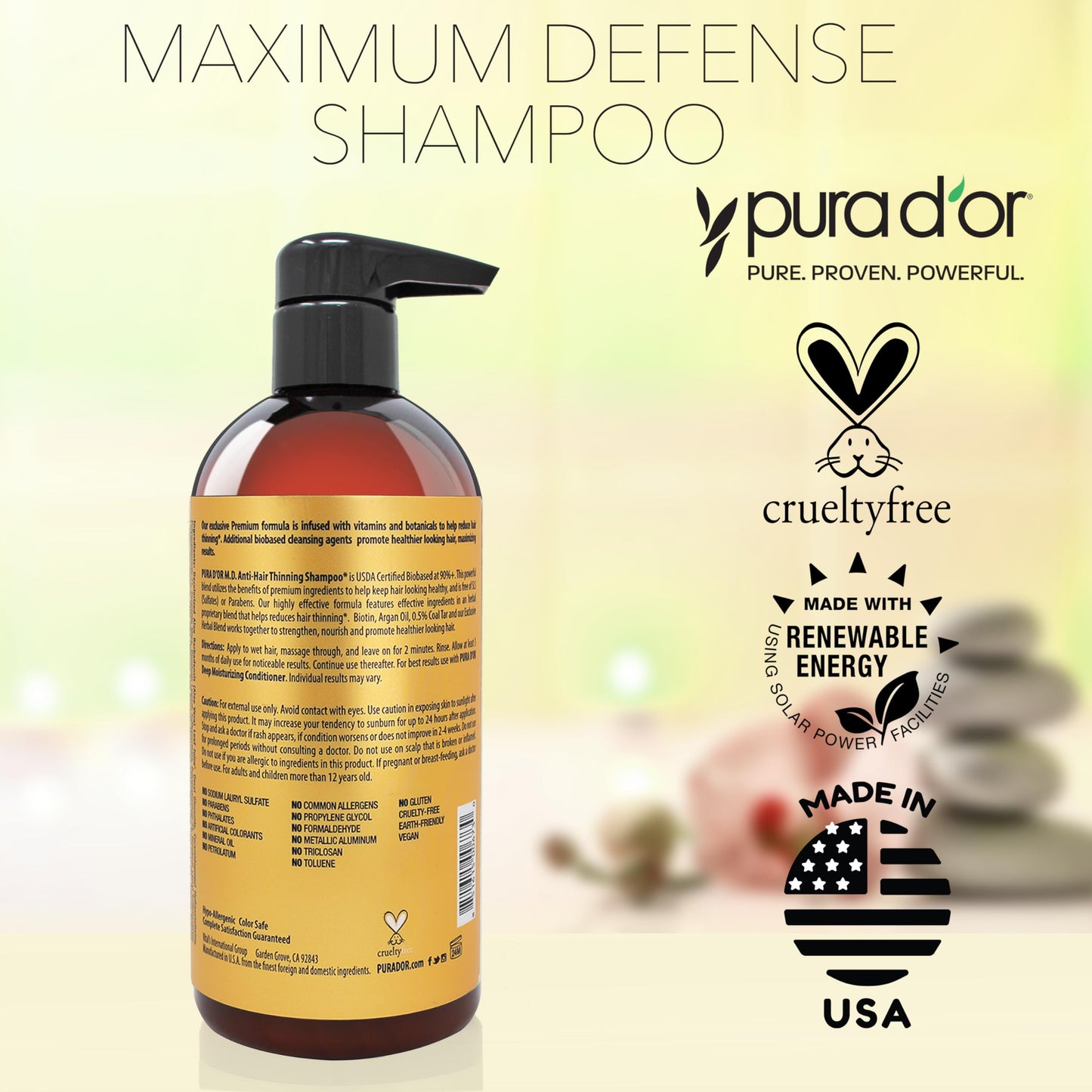 PURA D'OR MD scalp care shampoo bottle standing upright on a clean background