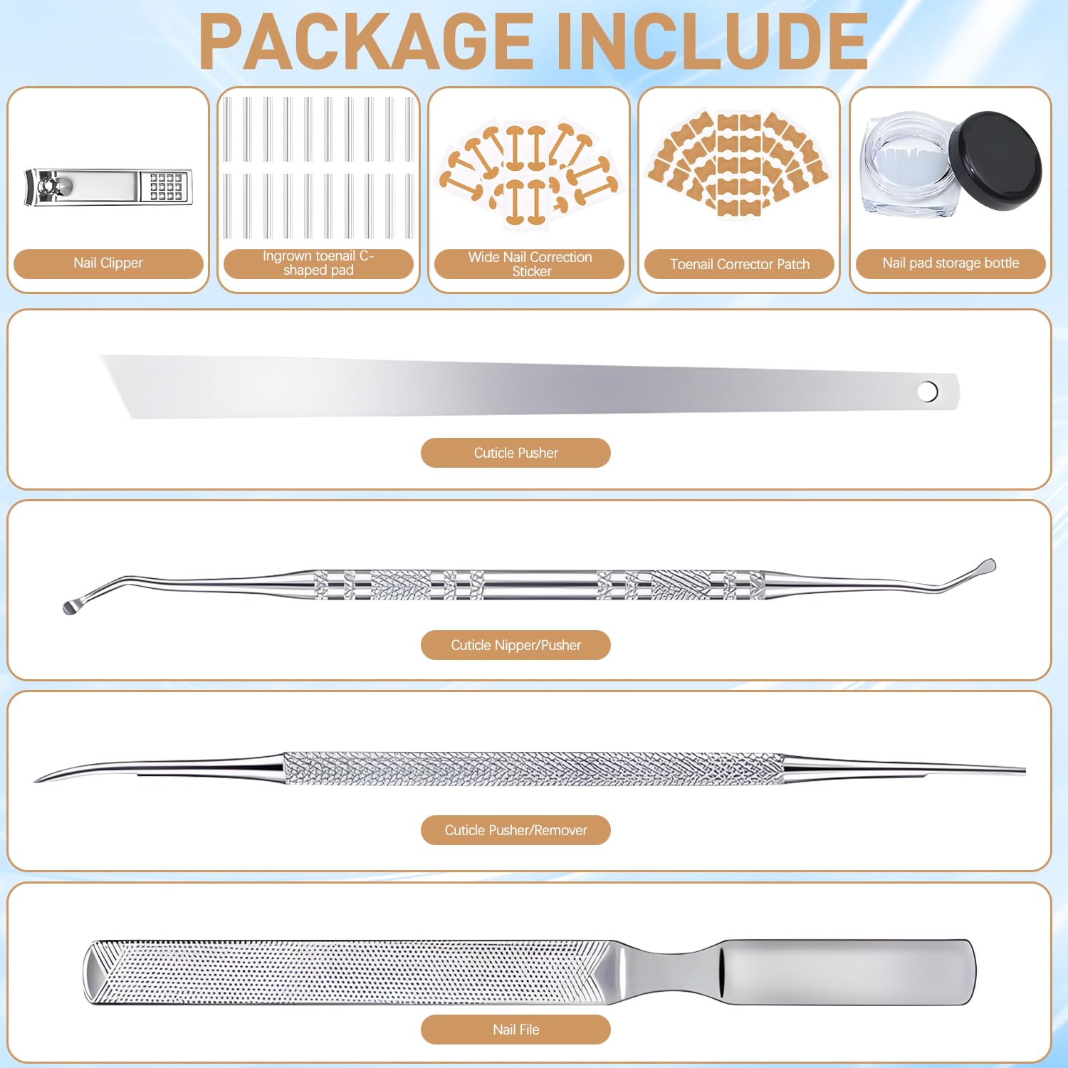 Stainless steel nail lifter and file tools included in the BSolus foot care kit.