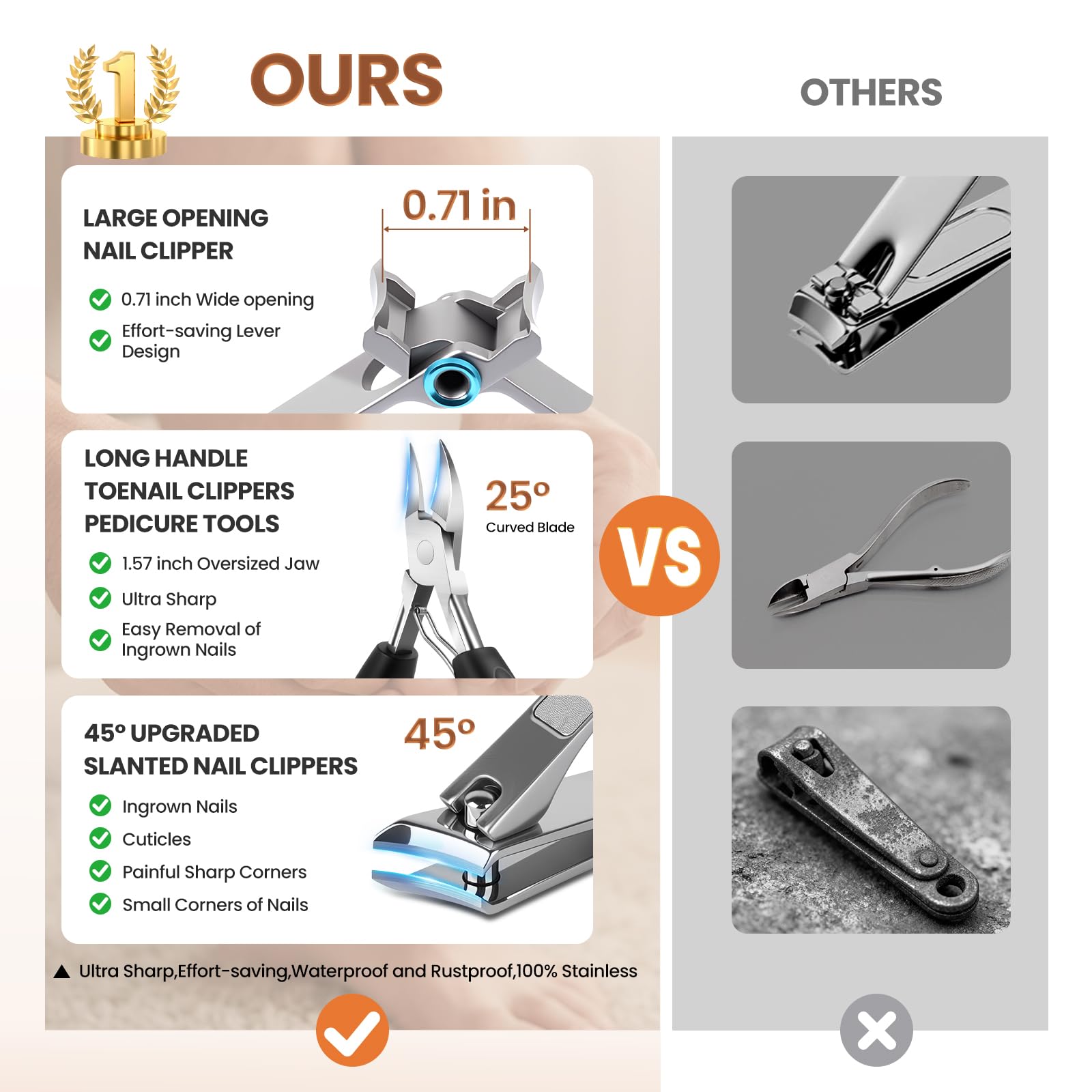 Stainless steel professional pedicure tools layout from the 8 piece kit
