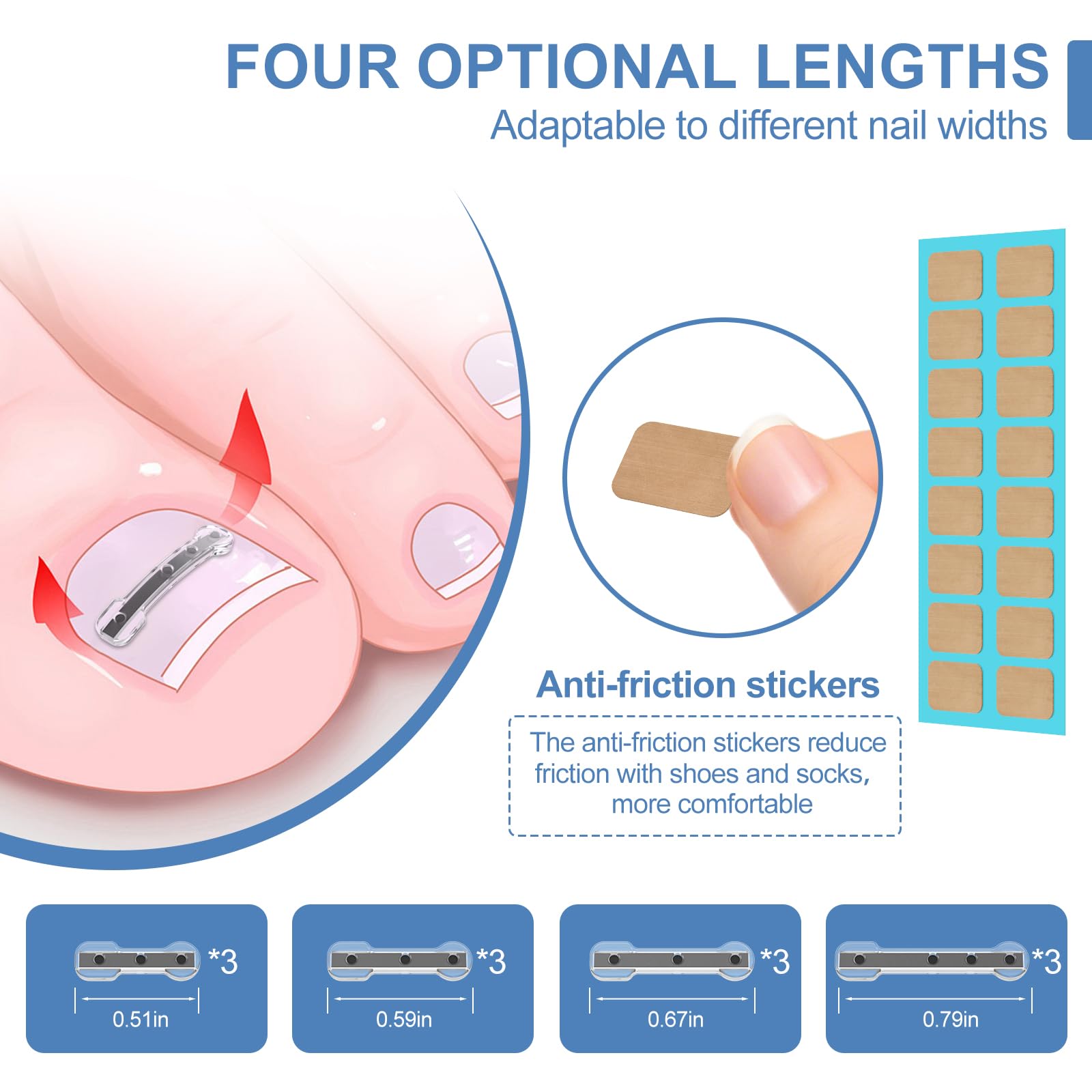Titanium alloy toenail correction patches in four multi sizes displayed on a flat surface