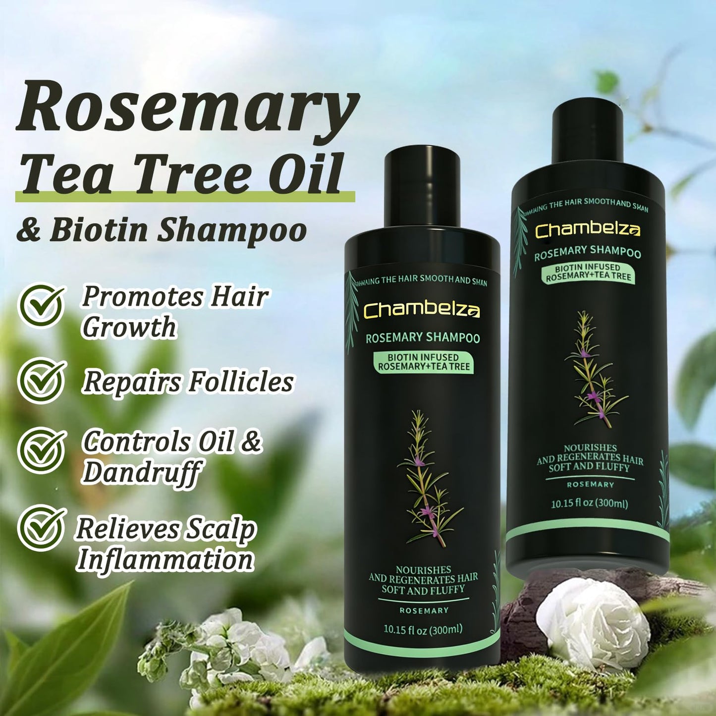 Back label view of Chambelza natural hair thickening shampoo with detailed ingredients list