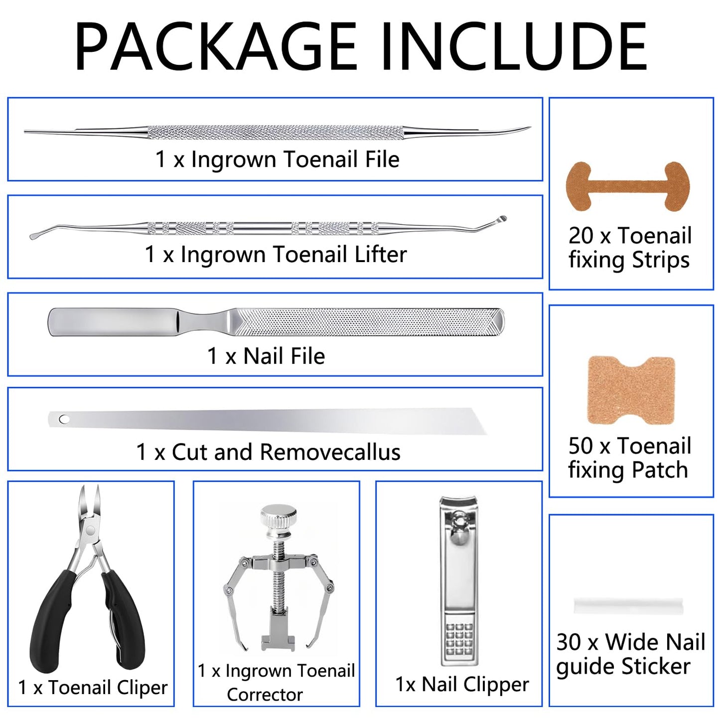 Complete multi piece home pedicure set layout including lifter file and corrector strips