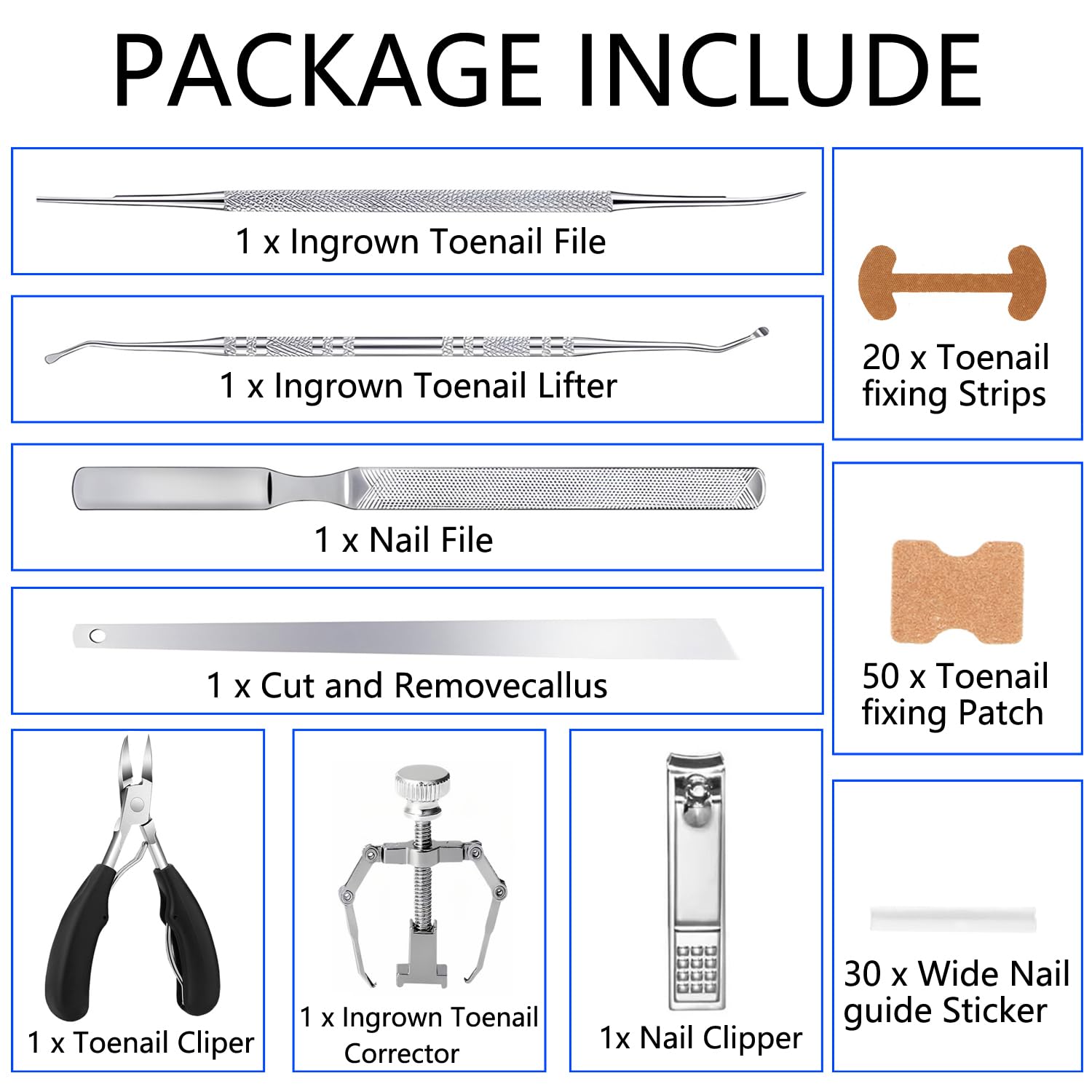 Complete multi piece home pedicure set layout including lifter file and corrector strips