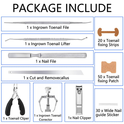 Complete multi piece home pedicure set layout including lifter file and corrector strips
