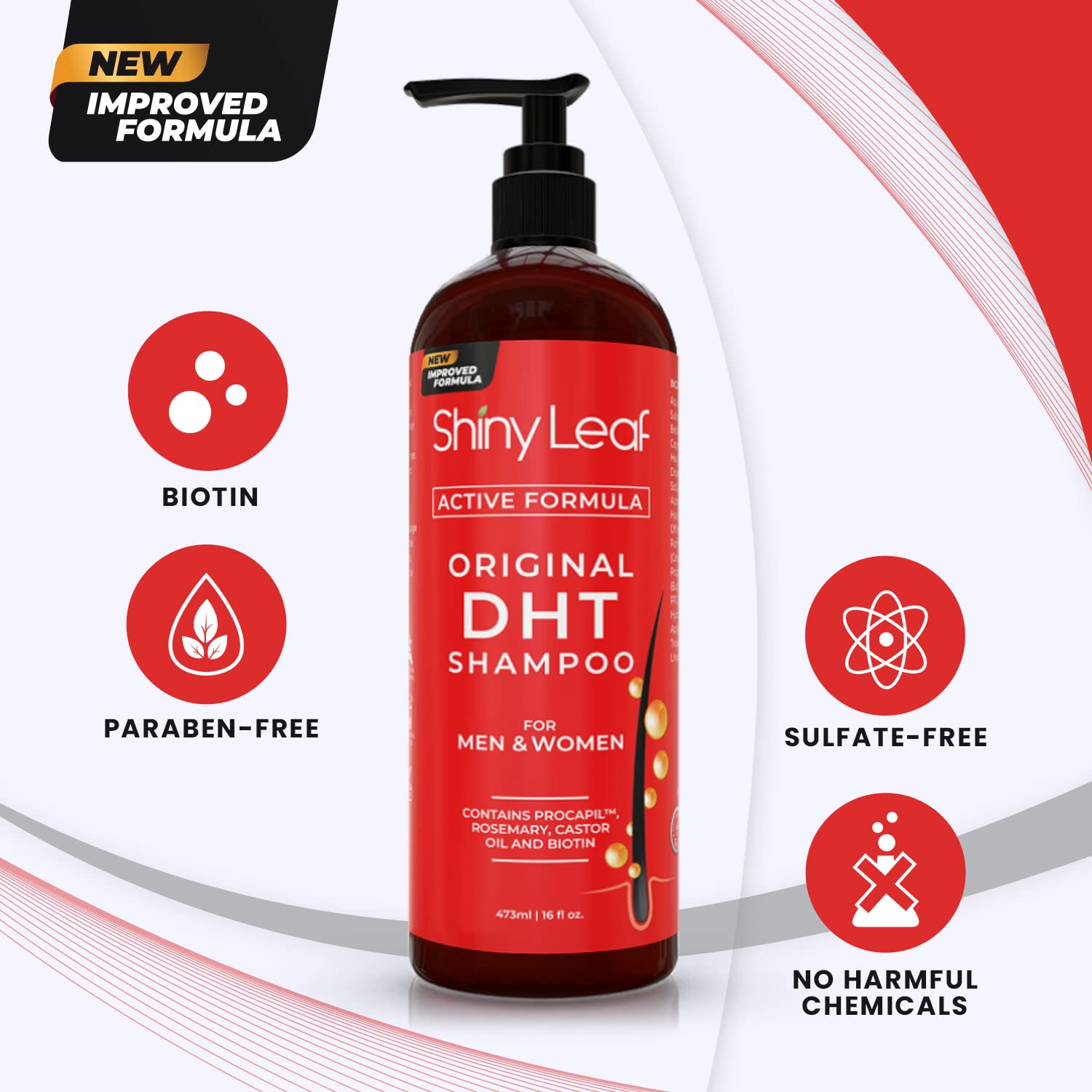 Side angle view of Shiny Leaf sulfate free thinning hair prevention shampoo showing premium pump dispenser packaging