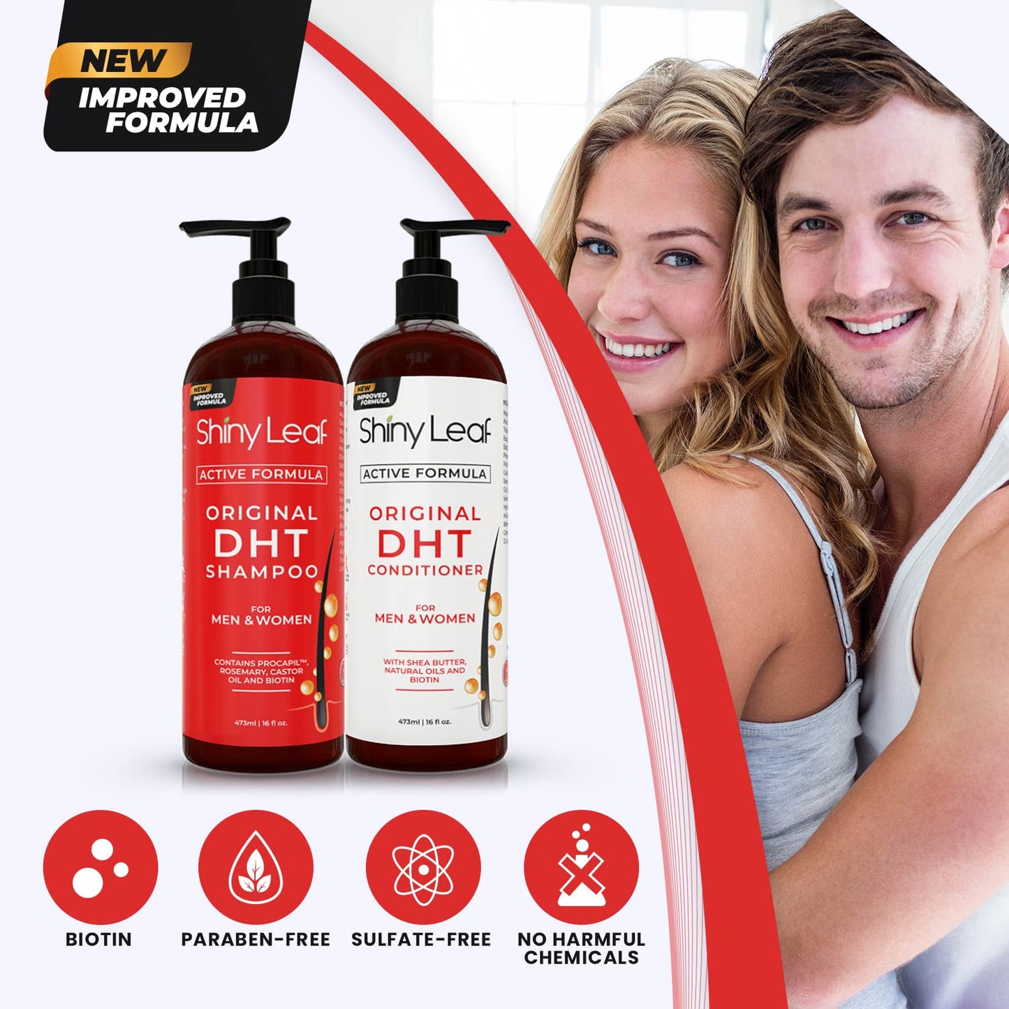 Shiny Leaf biotin shampoo bottle placed alongside fresh rosemary leaves representing its natural botanical DHT blocking properties