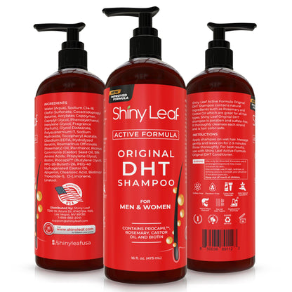 Product lifestyle display of Shiny Leaf DHT blocker shampoo highlighting its thick hair strengthening formula for pattern baldness protection