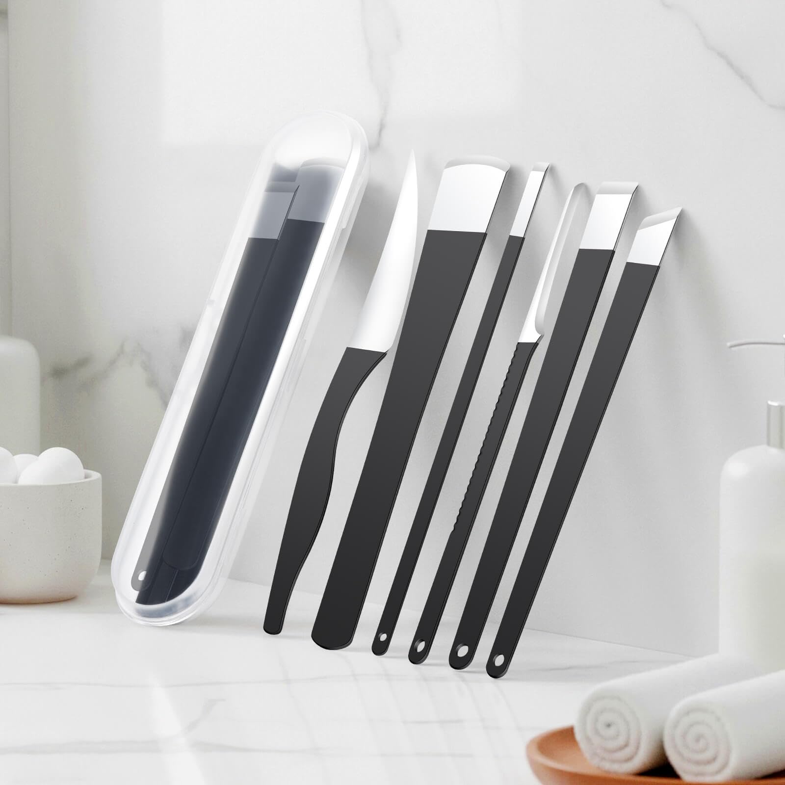 Compact portable storage case open to reveal six neatly arranged professional pedicure knives