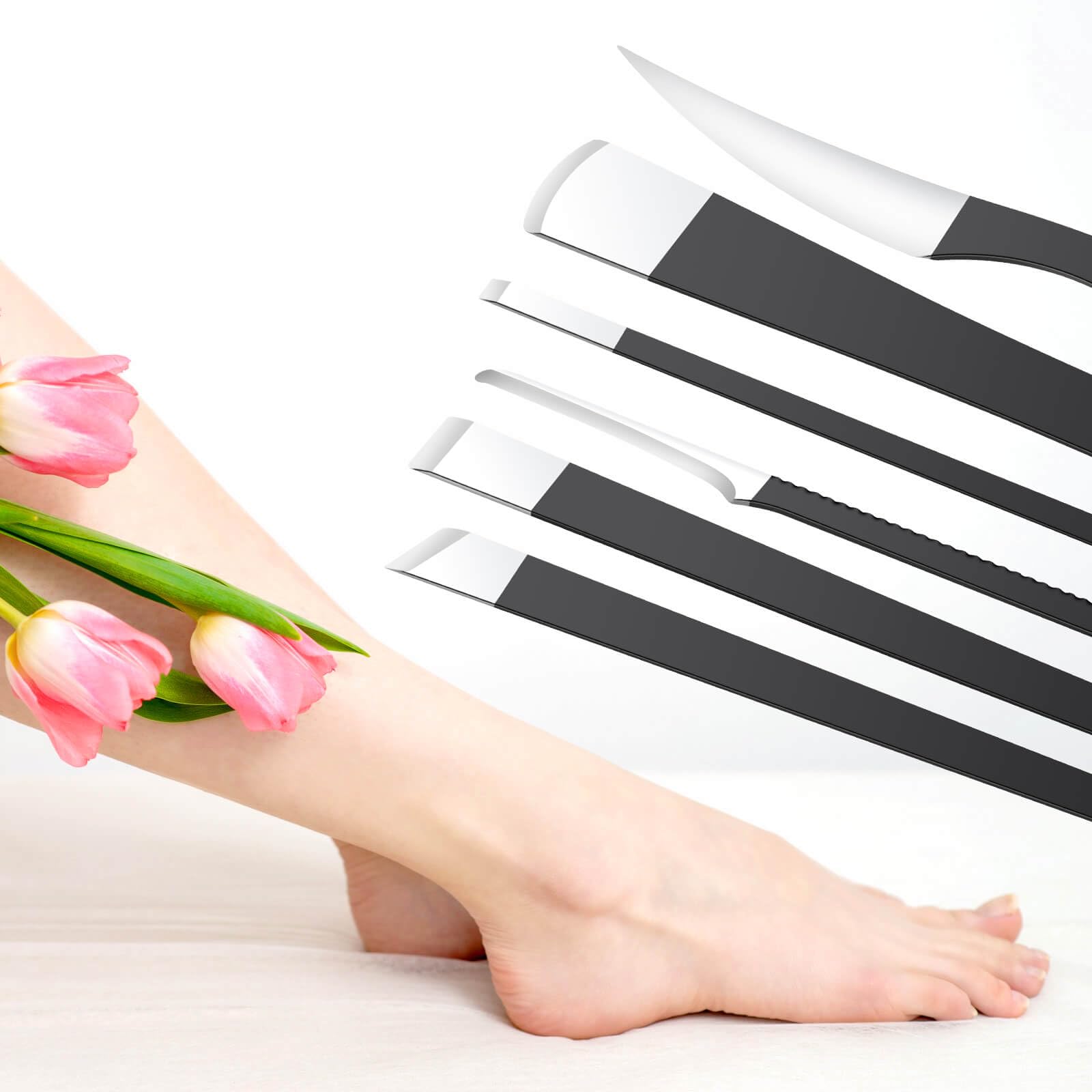 Ergonomic black handles on a foot repair tool set illustrating comfortable grip design