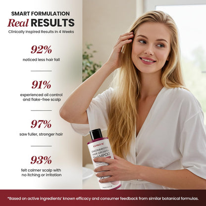 Thickening shampoo bottle demonstrating texture and scalp application process
