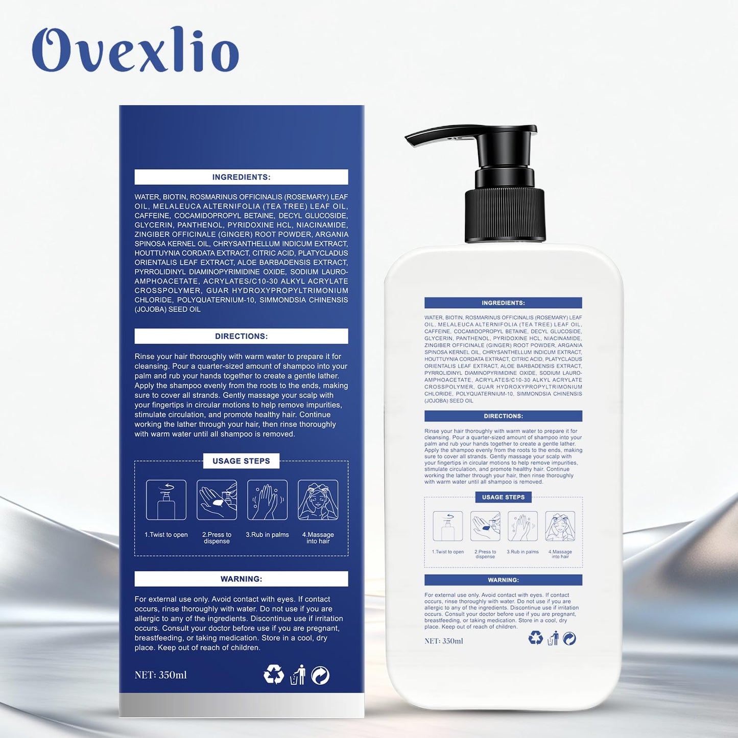 Ovexlio USA imported daily hair thickening shampoo bottle with the included scalp comb.