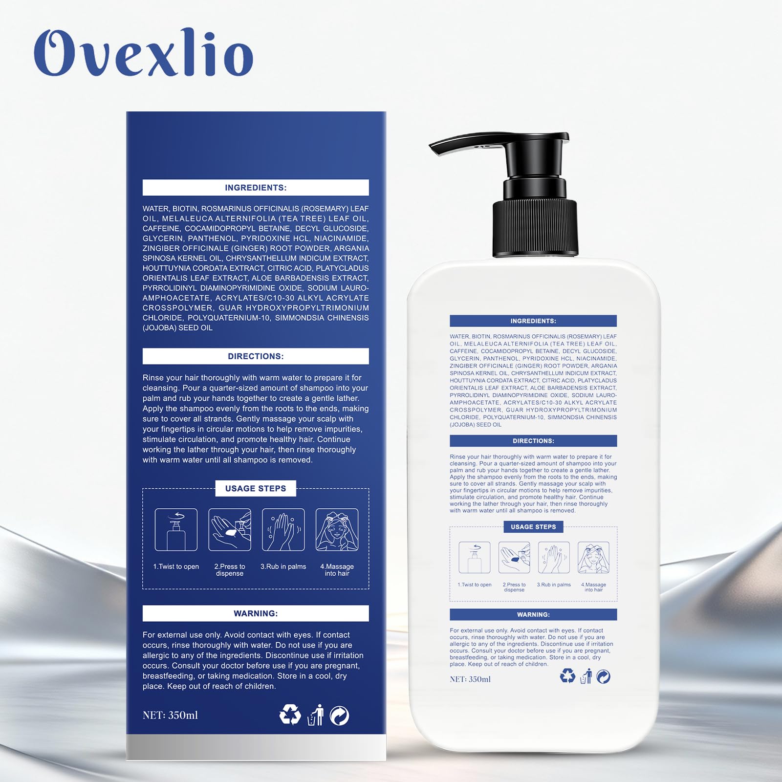 Ovexlio USA imported daily hair thickening shampoo bottle with the included scalp comb.