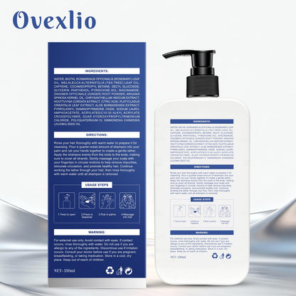 Ovexlio USA imported daily hair thickening shampoo bottle with the included scalp comb.