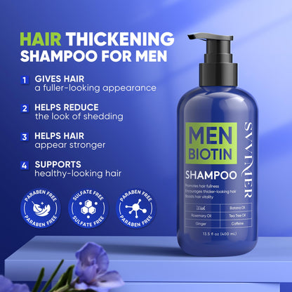 Svvimer Biotin Thickening Shampoo showing ingredients like rosemary and caffeine