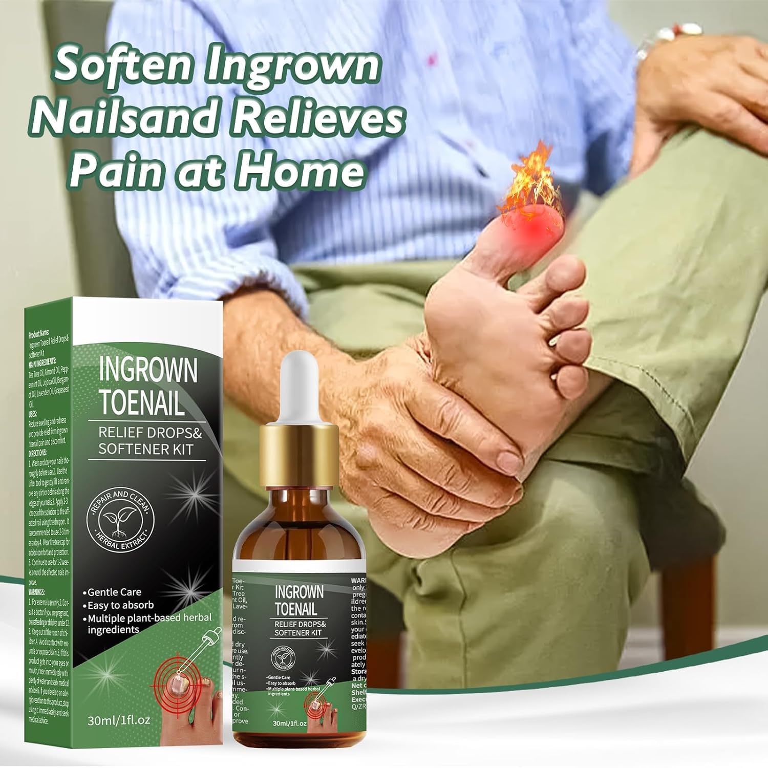 Thirty milliliter bottle of nail softening drops with applicator tip alongside flexible silicone toe protectors