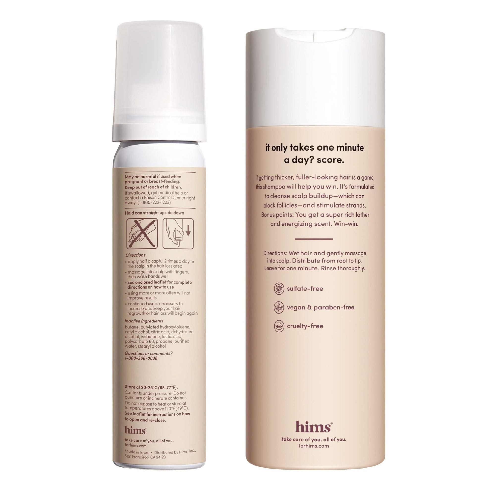 Hims Thick Fix beige shampoo bottle featuring saw palmetto formula for scalp cleansing.