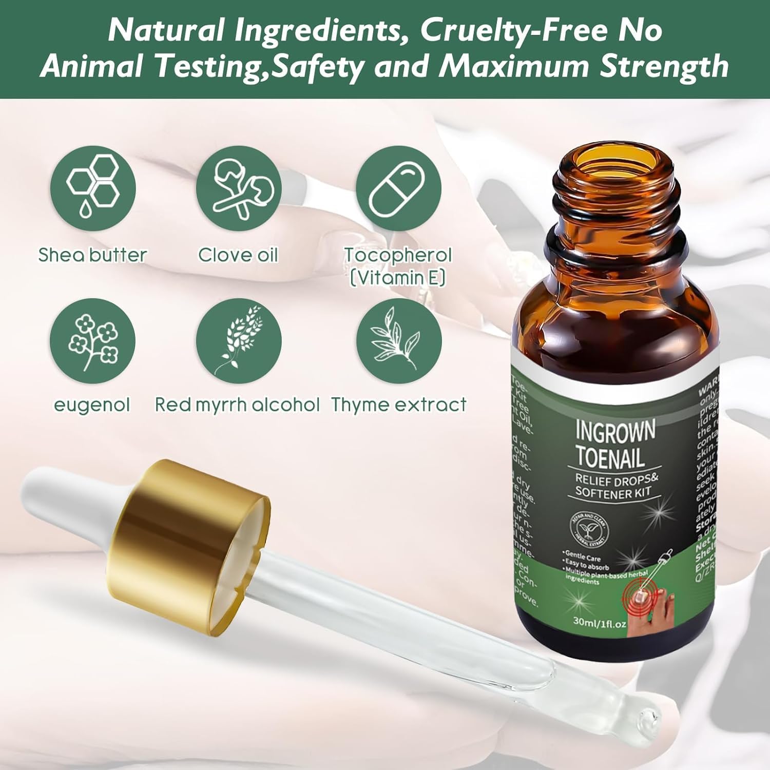Close up view of the product label detailing the soothing blend of tea tree and lavender oils