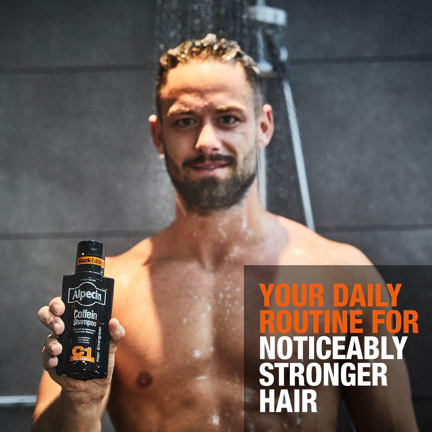 Alpecin men anti hair fall formula bottle highlighting active ingredients