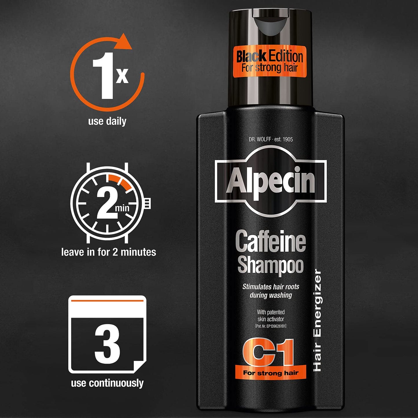 Close up of Alpecin Black Edition shampoo label with bold fragrance