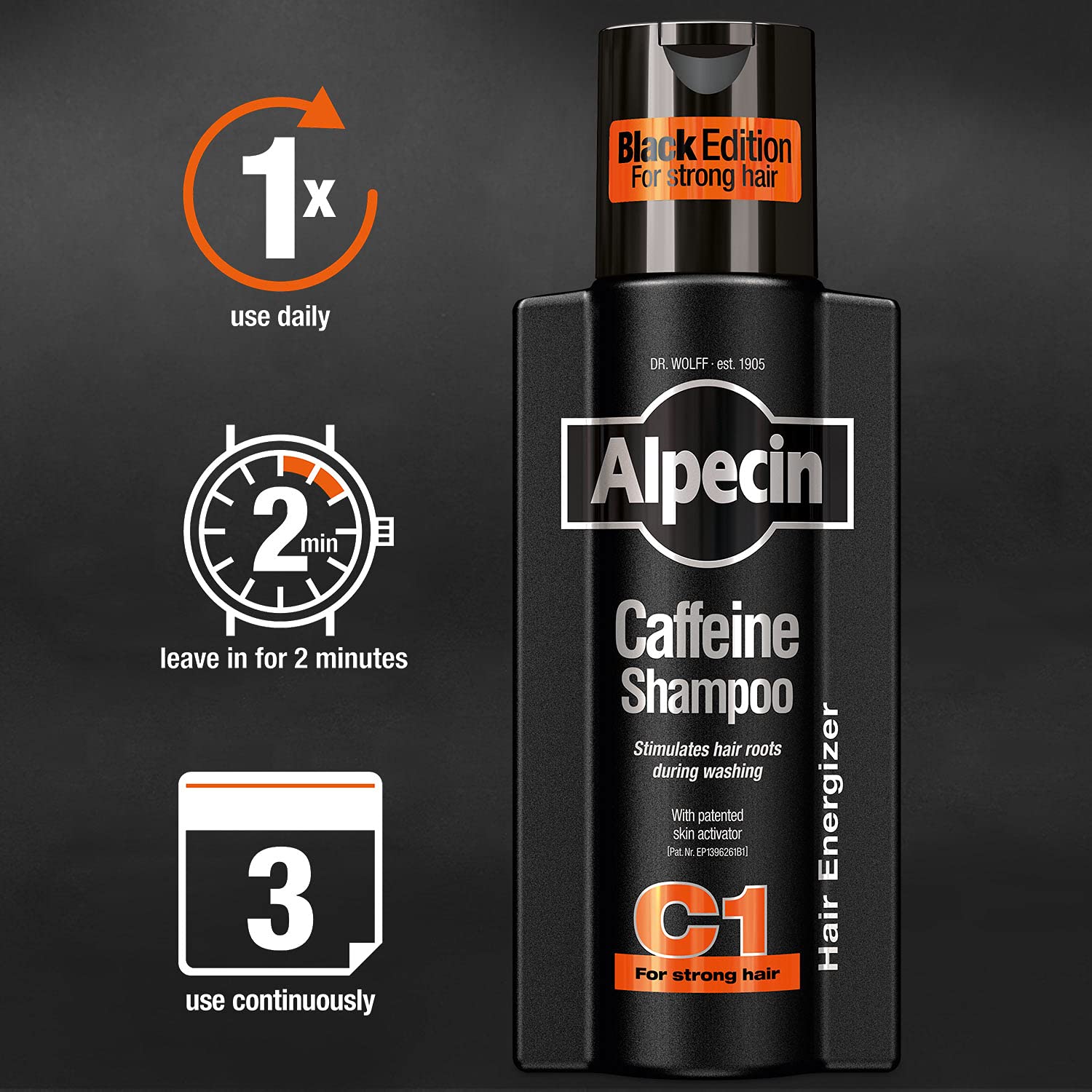 Close up of Alpecin Black Edition shampoo label with bold fragrance